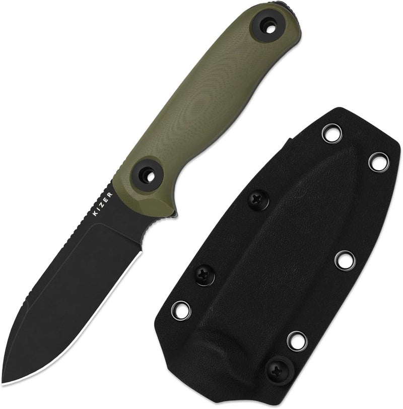 KIZER Drop Bear Fix 3 Fixed Blade Knife, 3.8" D2 Blade EDC Camping Knife with Olive Green G10 Handle, Small Hunting Knives with Sheath, Outdoor Survival Knives with Pocket Clip and Lanyard, 1101M1 - Image 1
